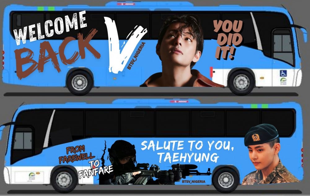 Wrapped Buses and Trucks Take to the Streets Ahead of BTS V's Military Discharge 2 KTH Nigeria Bus